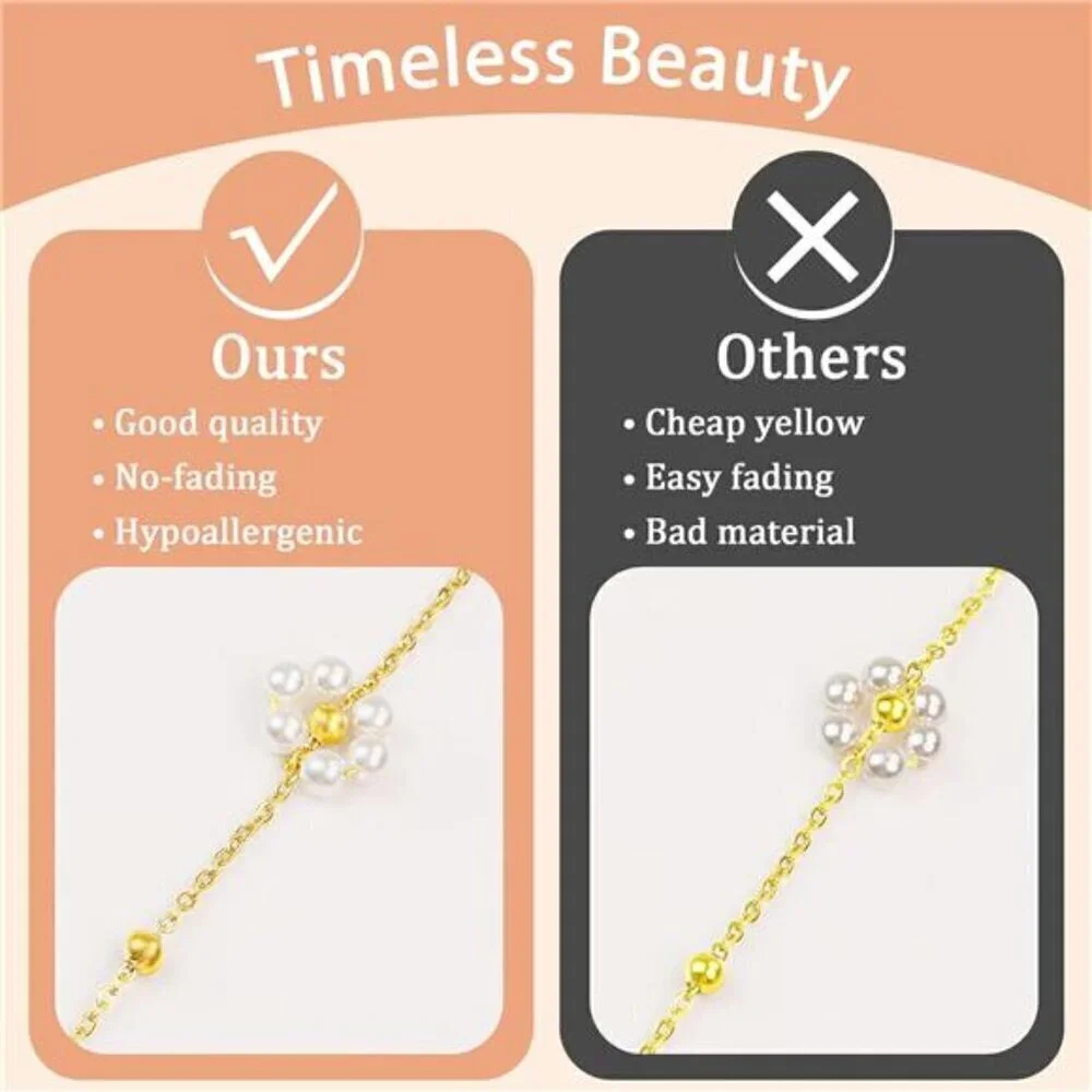 Daisy Pearl Necklace Choker for Women Flower 14K Gold Plated Stainless